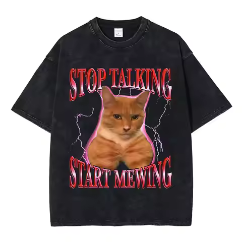 Stop Talking Start Mewing Vintage Washed T-Shirt Funny Cute Cat Meme Graphic T Shirts Fashion Clothi