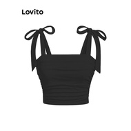 (Trendy) Lovito Casual Tank Top Plain Pleated Crop Tank Top for Women L80ED131 (Multi-color)
