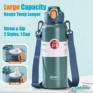 800ml/1000ml 316 Stainless Steel Tumbler Water Bottle - Thermos Mug with Straw for Kids & Students, 