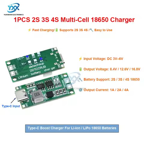 1PCS 2S 3S 4S Multi-Cell 18650 LiPo Li-Ion Polymer Battery Charger Type-C Step-Up Boost 7.4V 11.1V 1