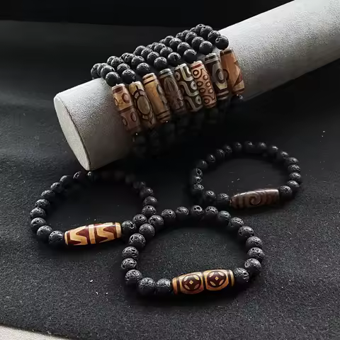 Ancient Natural Tibetan Dzi Agates Bracelets Black Lava Stone Beads Strand Red Brown Nine Eyes Drago