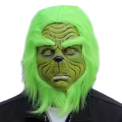 2025 New Christmas Halloween Costume Cosplay Clothe Santa Claus Weird Green Haired Monster Mask Grin