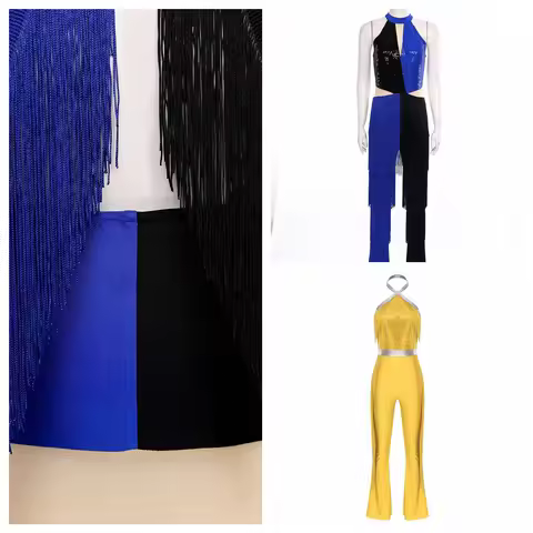 Women Latin 70s Disco Outfits Retro Party One Piece Costume Sequin Tassel Fringe Long Pants Jumpsuit