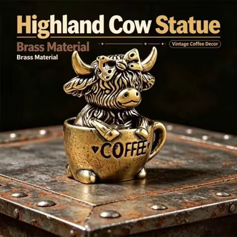 Vintage Brass Highland Cow Coffee Cup Statue, Retro Home Decor, Christmas Gift, Metal Craft Collecti