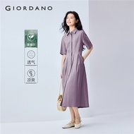 GIORDANO Women Dresses Conceal Button Placket Shirt Dresses Elbow Length Sleeve Simple Fashion Casua