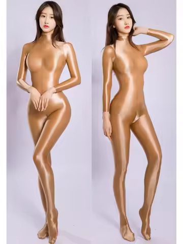 M XL Glossy Shiny Nylon Catsuit Bodystocking Zipper Open Crotch Bodysuit Tights Leotard Conjoined Un