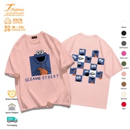 เสื้อยืดแขนสั้น คอกลม ผ้าฝ้าย 100% พิมพ์ลายการ์ตูน Sesame Street ทรงหลวม คุณภาพสูง  สําหรับคู่รัก