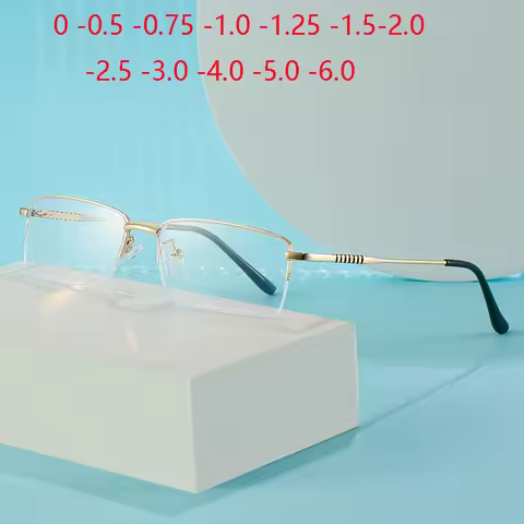 0 -0.5 -0.75 To -6.0 Semi-Rimless Square Myopia Glasses With Degree Fashion Anti Blue Rays Prescript