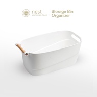 NEST DESIGN LAB Storage Bin Organizer PP Plastic - White Space Saver | Multi-Purpose | Wooden Handle
