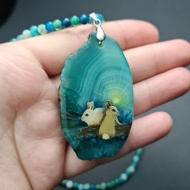 Necklace with two baby rabbit or hare Oil painting on green Agate pendant stone