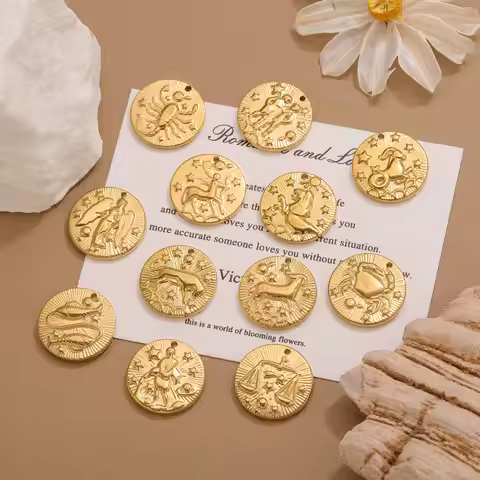5pcs Stainless Steel 12 Constellation Charms For Necklace Round Coin Zodiac Pendant DIY Handmade Ast