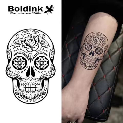 Boldink non-permanent tattoo technology sugar skull inspired design Day of the Dead tattoo waterproo
