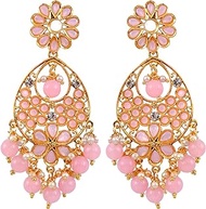 Bollywood Jewellery Kundan Floral Gold-Plated Long Earrings With Pink Pearls For Women &amp; Girl's