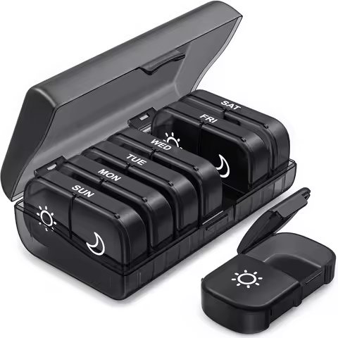 Weekly Pill Organizer 2 Times a Day, Pill Box 7 Day with One-Side Large Openings, Black Privacy Prot