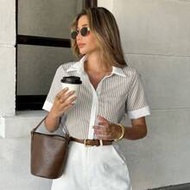 Striped Patchwork Contrast Color Lapel Pocket Casual Short Sleeve Shirt For Women Hillary Duff Hilar