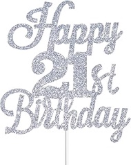 Happy 21st Birthday Cake Toppers Sliver Glitter, Cheers to 21 Years Old Bday Decoration 21st Anniver