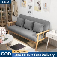 LINSY Nordic Solid Wood Sofa 3/2/1 Seater Leather Sofa with Cushion Living Room Furniture Solid Wood