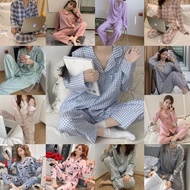 Jc1004-1 Modern Set Panjang Piyama Kerah Motif Kotak Wanita Baju Tidur
