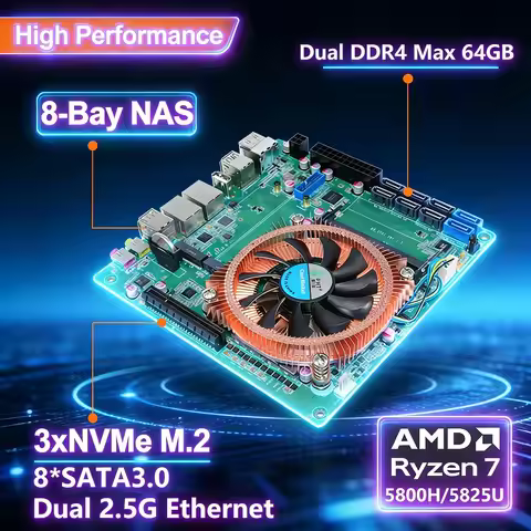 Topton 11-Bay NAS Gaming Motherboard AMD Ryzen 9 5900H HX 7 5825U 5600U 8*SATA 3*NVMe 2*2.5G LAN 2*D