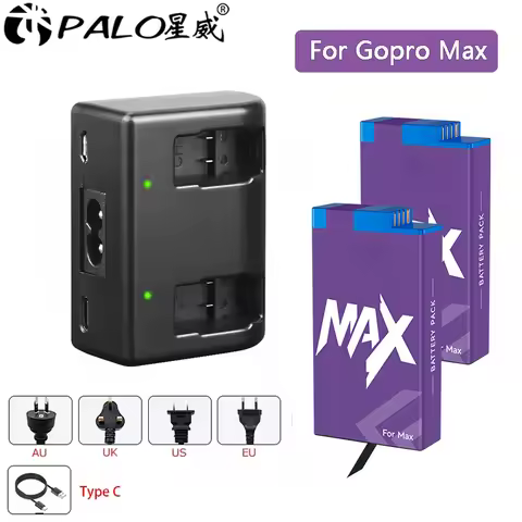 For Gopro Max Hero Battery gopro max Digital Camera Batteries+LCD 2 Solts Fast charging Charger For 