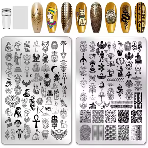 2pcs Egyptian Elements Nail Stamping Plates Cats Snakes Nails Art Stencils Pharaoh Manicure Art Temp