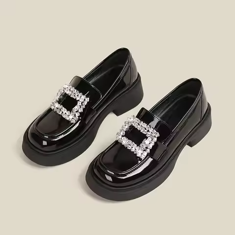 Brand Rhinestone Buckle Shoes Ladies 2026 Thicken Soled Flats Japanned Leather Oxfords Women Casual 