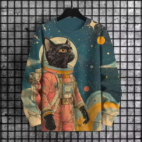Japanese Pattern Sweatshirts For Men Space Cat 3D Printed Pullover Autumn Oversized O-Neck Hoodies L