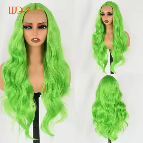 28 Inch Body Wave Neon Green Lace Front Wig 13x4 Lace Frontal Glueless Lime Green Heat Resistant Syn