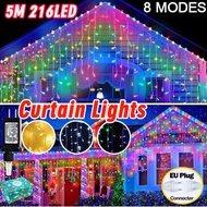 5M 216 LED Icicle Curtain String Lights 8 modes Christmas Lights Outdoor Eaves Garden Decoration 220