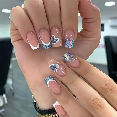 24PCS Press On Nails Short Pink Square Fingertip French Trim Press On Nails Love Design Sweet Nails 