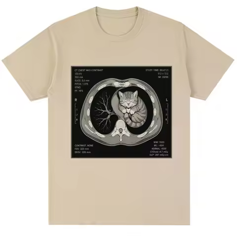 Funny CT Scan Cat Meme Graphic T-shirt Men Women Vintage Fashion Short Sleeve Oversized 100% Cotton 
