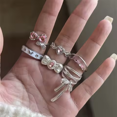 7Pcs Y2K Cute Pink Bow Heart Stackable Ring Set Silver Tone Rhinestone Open Rings for Women Girls E-