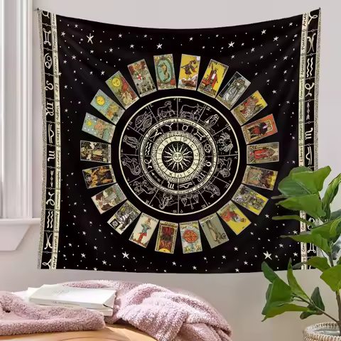 Tarot Card Wheel Of The Zodiac Astrology Chart Tapestry Wall Hanging Retro Sun Moon Blanket Home Sof