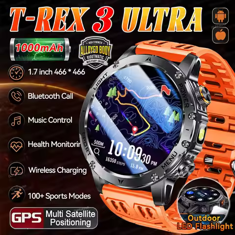 2025New T-Rex 3 Ultra 1000mAh Battery Smartwatchs 1.7” AMOLED Display Waterproof Flashlight Clock Ph