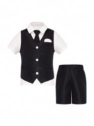 嬰兒男孩紳士禮服套裝配實色黑背心、單色衣領領帶衫以及黑色短褲,適用於生日派對、晚會、表演、婚禮、洗禮,以及1歲派對