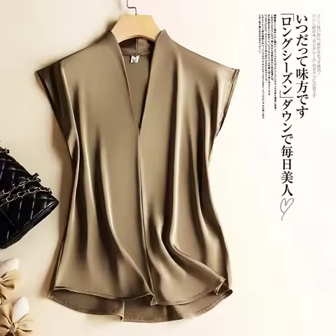 Coffee Silk Rayon V-Neck Pullover Sleeveless Casual Chic Women's Blouse Shirt Korean Fashion Female