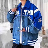 Denim Baseball Jackets for Men Korean style oversized loose Printed Street Fashion coats