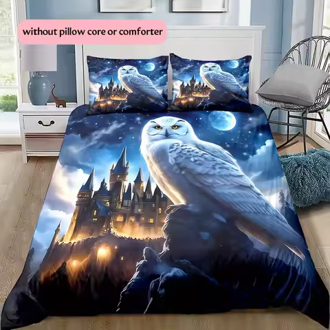 1 Set Anime-Themed Magic Academy Castle & Owl Design Bedding, 3D Digital Print, All-Season Polyester