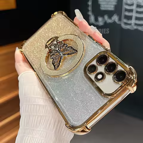Plating Butterfly Holder Case For Samsung Galaxy A51 A22 4g A12 5g A02 A03 A04 A05 A06 Silicone Stan