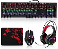 Gaming Mechanical Keyboard and Mouse and Mouse pad and Gaming Headset, Wired LED RGB Backlight Bundl