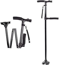 Foldable Walking Cane, Double Handle Crutches with LED Light Self-Standing Walking Sticks Height Adjustable Collapsible Telescopic for Elderly Balancing Mobility Aid Fashionable