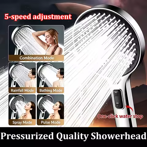 High Pressure 5-Mode Shower Head One-Key Stop Water Handheld Boost Showerhead with Powerful Spray Hi