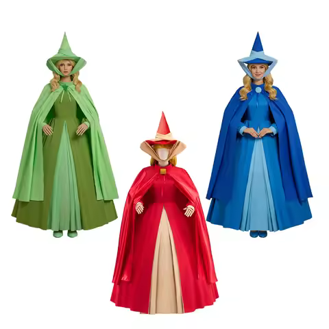 Flora Fauna Merryweather Cosplay Costume Green Red Blue Fairy Dress With Cape Hat Halloween Party Si