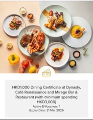 香港萬麗海景酒店＄1000 餐飲券（適用於滿福樓，Cafe Renaissance 萬麗咖啡室 $ Mirage bar and Restaurant)