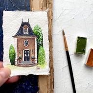 French house art Original watercolor Miniature painting on handmade paper