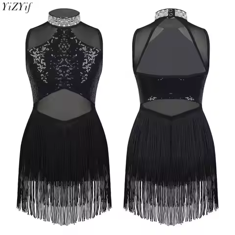 Kids Girls Sequins Tassel Jazz Latin Dance Dress Mesh Slip Ice Skating Leotards Dress Ballroom Samba