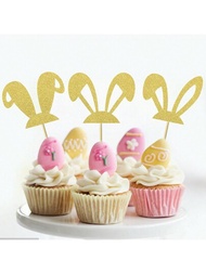 12入組三種風格金色兔耳形狀「快樂復活節」蛋糕裝飾紙咭,復活節主題生日派對蛋糕裝飾用品
