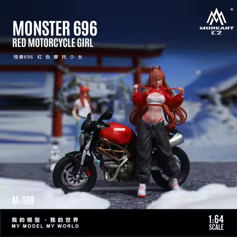 MoreArt 1:64 696 Red Motorcycle Girl Resin Model, Miniature Scene Decoration Gift&Display
