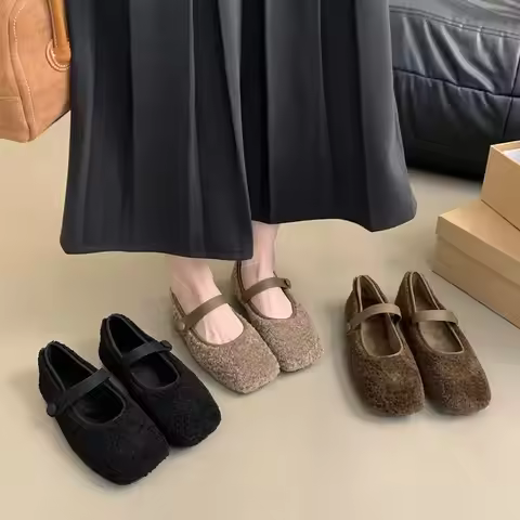 Square Toe Cosy 2026 Ballet Flats Woman Warm Teddy Fur Mary Jane Shoes Ladies Brand Design Elegant F