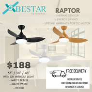 (installation promo ) Bestar Raptor ceiling fan with light 33/38/48 inch dc motor with 3 tone led light and remote control and installation , black , wood, white, cheapest ceiling fan with long warranty free installation free delivery singapore